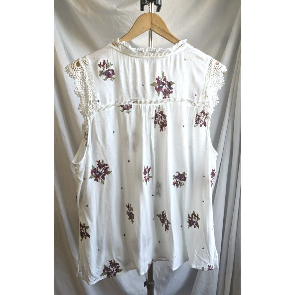 PALE SKY Boho Cross-Stitched White Embroidered Sleeveless Hi-Low Blouse size XXL - Picture 8 of 8